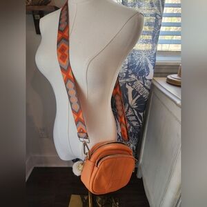 Pom Pom London Orange Crossbody Bag with Patterned Strap